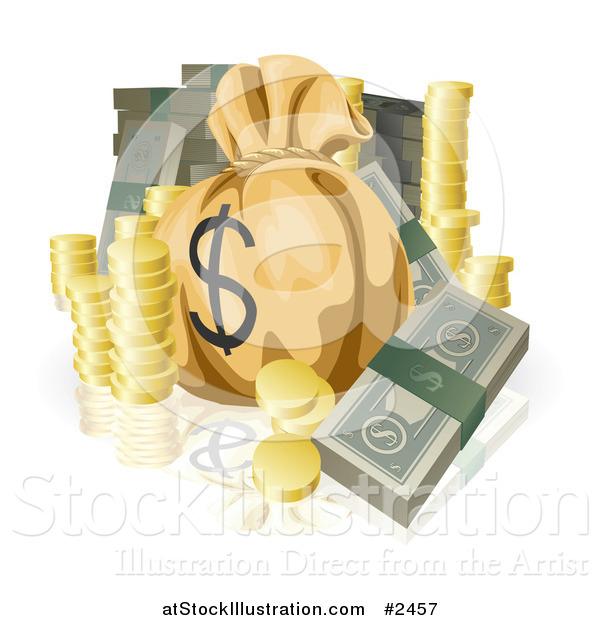 Vector Illustration of Bundled Cash Stacked Coins and a Money Sack