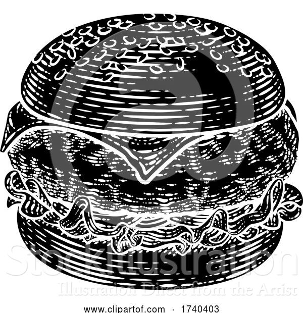 Vector Illustration of Burger Hamburger Vintage Woodcut Illustration