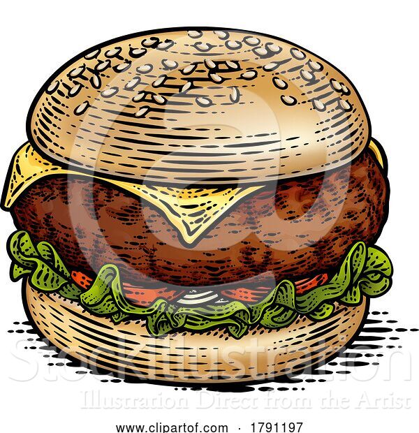 Vector Illustration of Burger Hamburger Vintage Woodcut Illustration