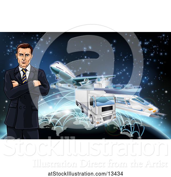 Vector Illustration of Businessman over a Globe with Cargo Logistics Trains, Planes, Big Rig Trucks, and Ships with Illuminated Paths over Stars