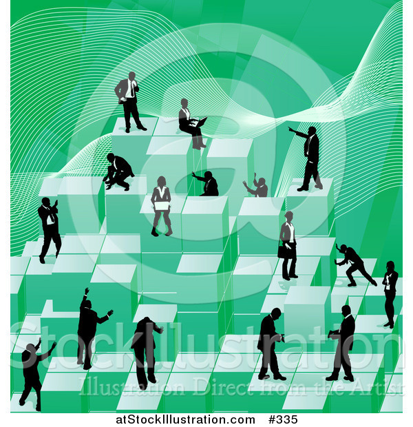 Vector Illustration of Businessmen Working Together As a Team to Stack Green Building Blocks of Success