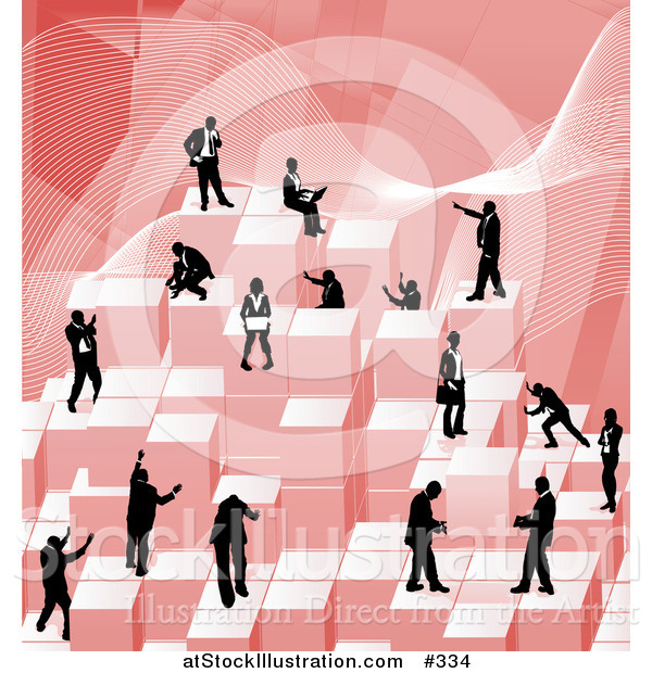 Vector Illustration of Businessmen Working Together As a Team to Stack Red Building Blocks of Success