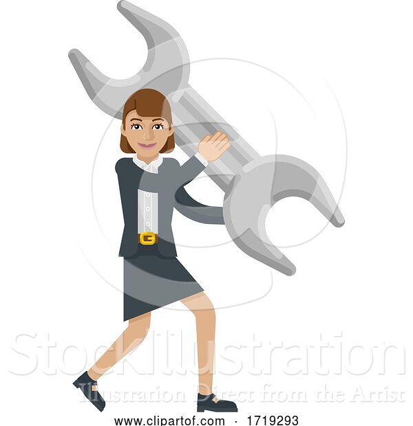 Vector Illustration of Businesswoman Holding Spanner Wrench Mascot