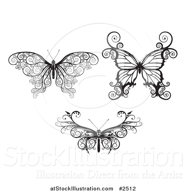 Vector Illustration of Butterflies in Ornate Black and White