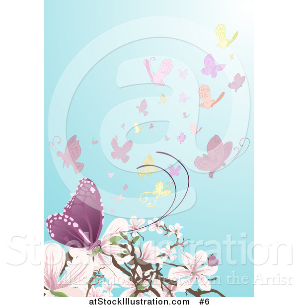 Vector Illustration of Butterflies near Pink and White Magnolia Blossoms