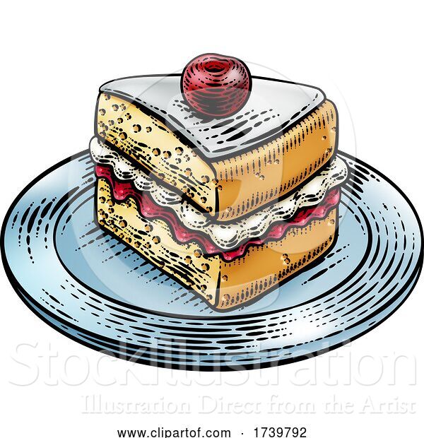 Vector Illustration of Cake Sponge Slice Jam Cream Woodcut Drawing