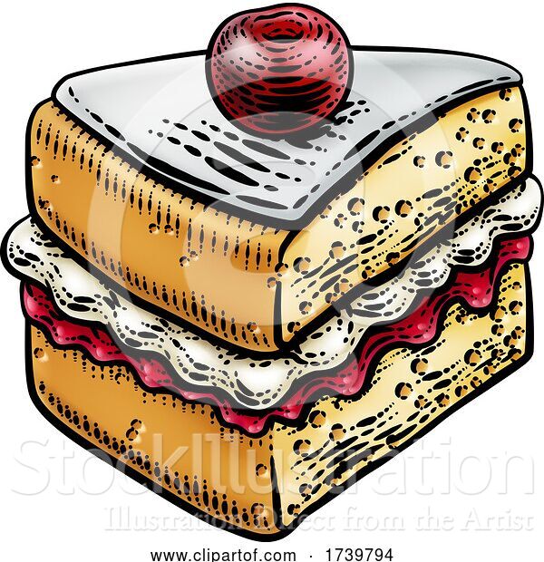 Vector Illustration of Cake Sponge Slice Jam Cream Woodcut Drawing