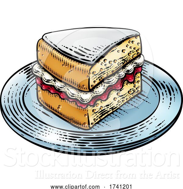 Vector Illustration of Cake Sponge Slice Jam Cream Woodcut Drawing