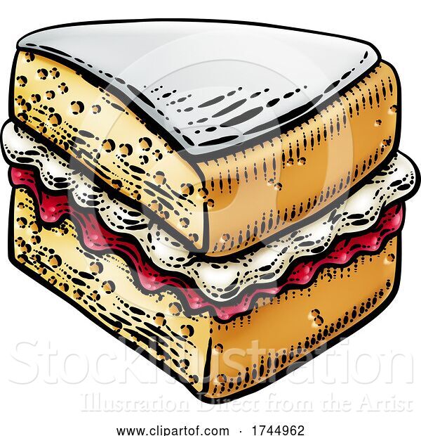 Vector Illustration of Cake Sponge Slice Jam Cream Woodcut Drawing