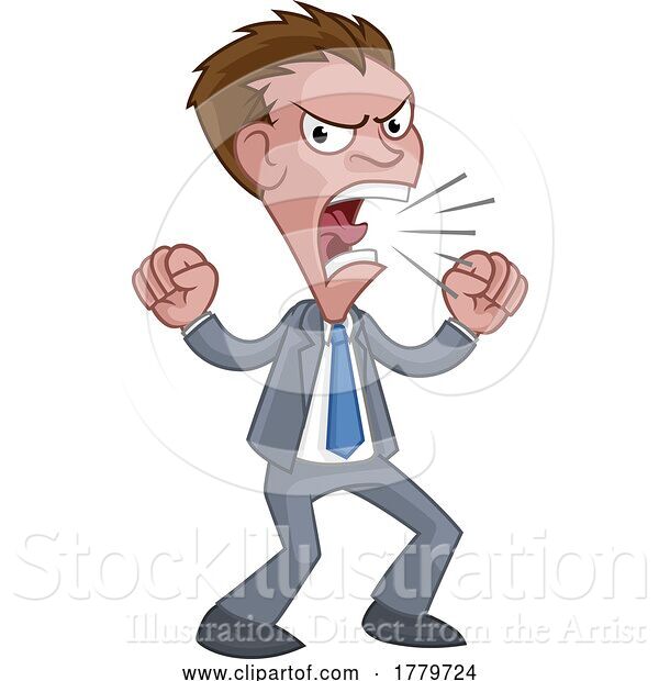 Vector Illustration of Cartoon Angry Boss Businessman in Suit Shouting