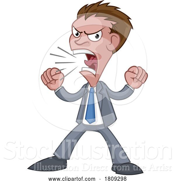 Vector Illustration of Cartoon Angry Boss Office Worker in Suit Shouting