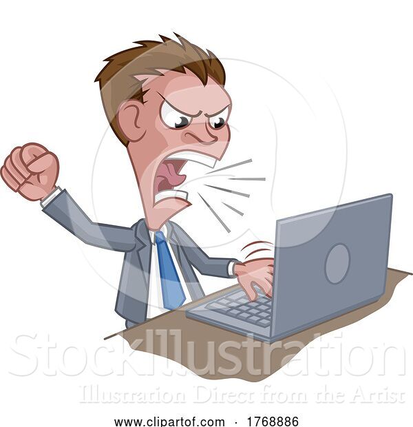 Vector Illustration of Cartoon Angry Businessman Boss Shouting at Laptop Cartoon