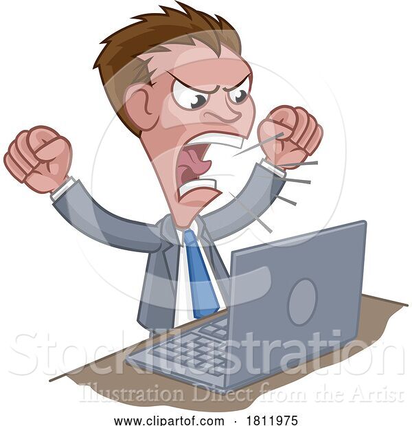 Vector Illustration of Cartoon Angry Businessman Boss Shouting at Laptop Cartoon