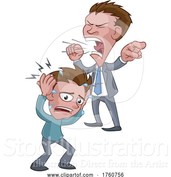 Vector Illustration of Cartoon Angry Mean Bully Boss Shouting at Worker Cartoon