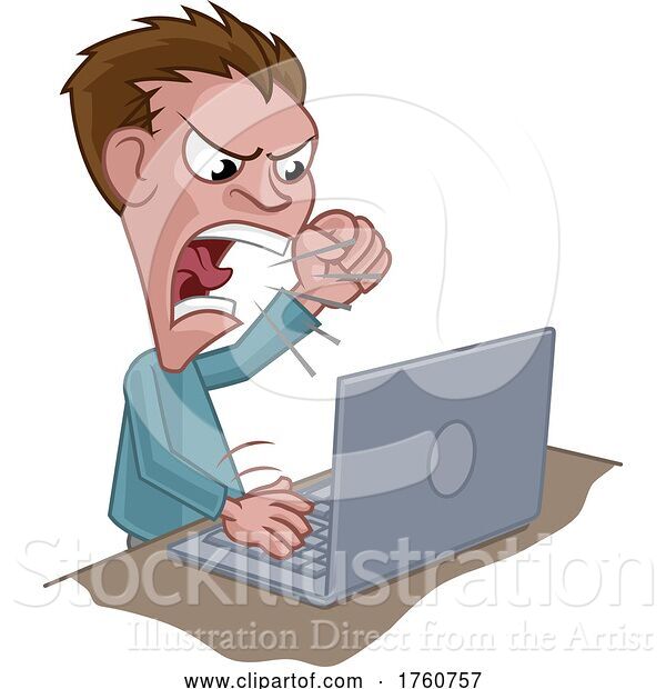 Vector Illustration of Cartoon Angry Stressed Guy Shouting at Laptop Cartoon