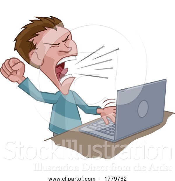 Vector Illustration of Cartoon Angry Stressed Guy Shouting at Laptop Cartoon