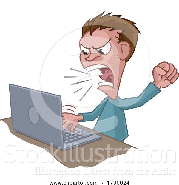 Vector Illustration of Cartoon Angry Stressed Guy Shouting at Laptop Cartoon