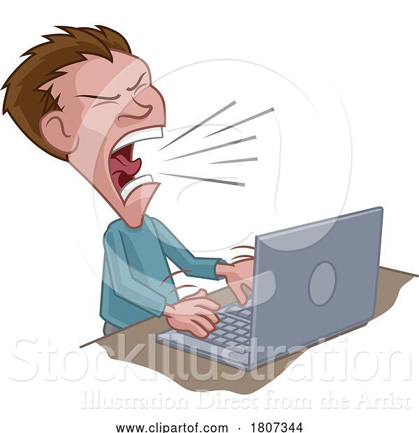 Vector Illustration of Cartoon Angry Stressed Guy Shouting at Laptop Cartoon