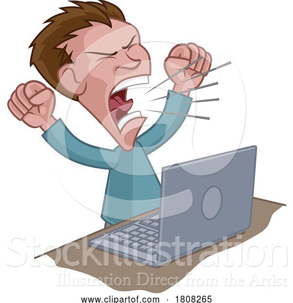 Vector Illustration of Cartoon Angry Stressed Guy Shouting at Laptop Cartoon