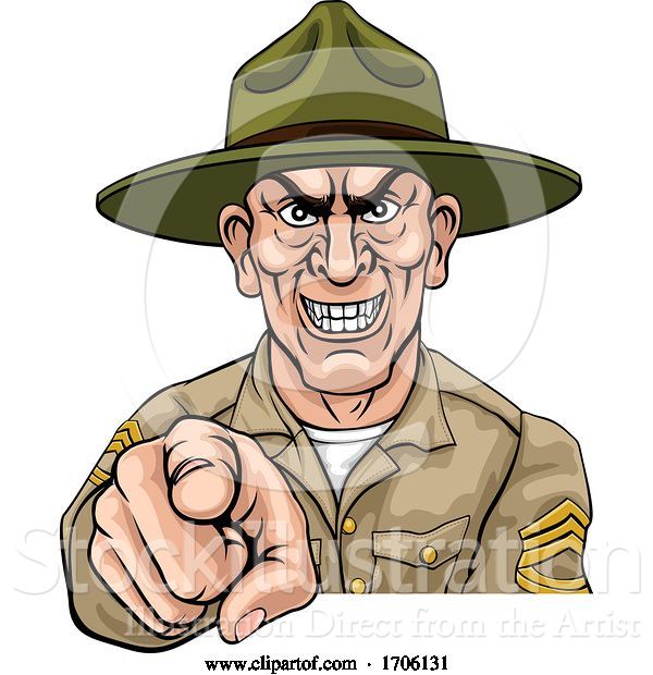 Vector Illustration of Cartoon Army Bootcamp Drill Sergeant Soldier Ponting