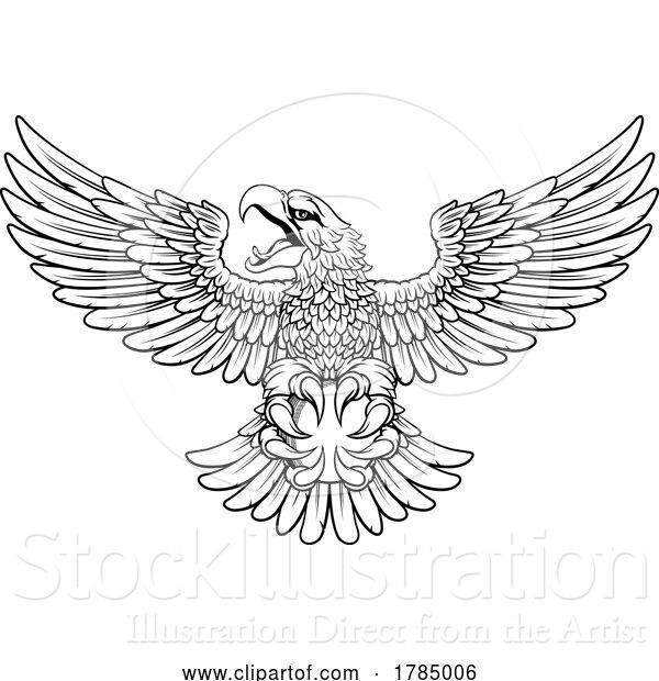 Vector Illustration of Cartoon Bald Eagle Hawk Flying Cricket Ball Claw Mascot