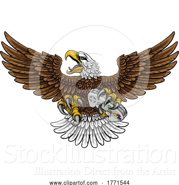 Vector Illustration of Cartoon Bald Eagle Hawk Gamer Video Game Controller Mascot