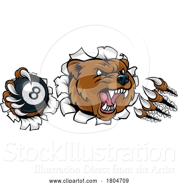 Vector Illustration of Cartoon Bear Angry Pool 8 Ball Billiards Mascot Cartoon