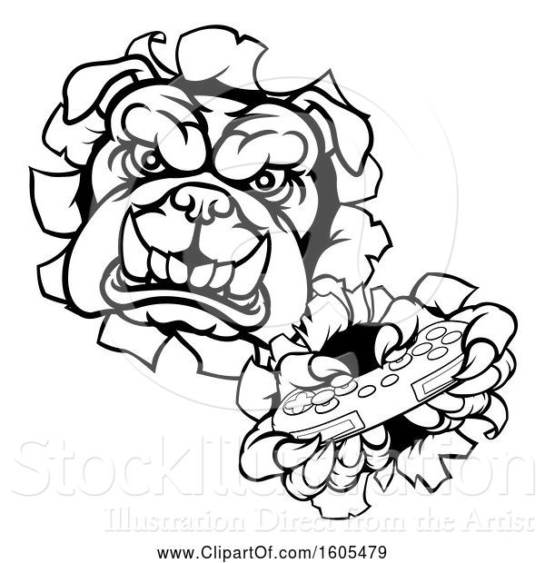 Vector Illustration of Cartoon Black and White Bulldog Holding a Video Game Controller and Breaking Through a Wall