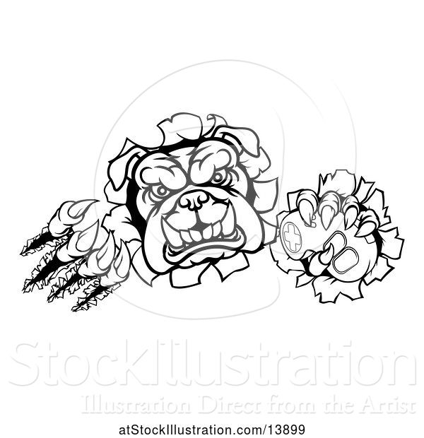 Vector Illustration of Cartoon Black and White Bulldog Mascot Holding a Video Game Controller and Breaking Through a Wall