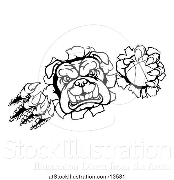 Vector Illustration of Cartoon Black and White Bulldog Monster Shredding Through a Wall with a Basketball in One Hand