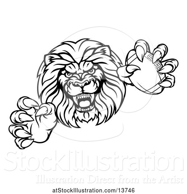 Vector Illustration of Cartoon Black and White Charging Male Lion Monster Holding a Football