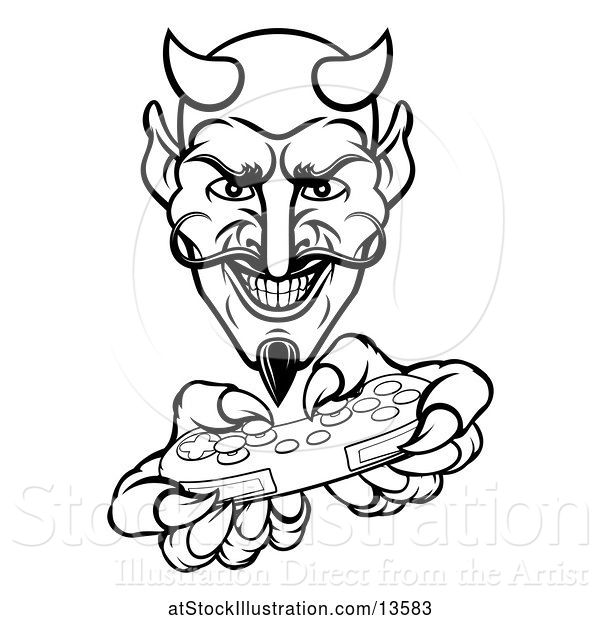 Vector Illustration of Cartoon Black and White Grinning Evil Devil Playing with a Video Game Controller