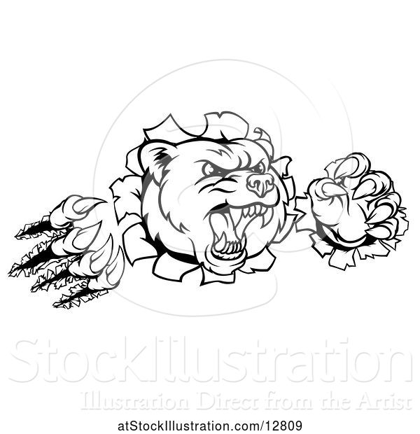 Vector Illustration of Cartoon Black and White Mad Grizzly Bear Mascot Breaking Through a Wall