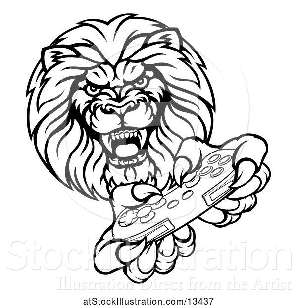 Vector Illustration of Cartoon Black and White Male Lion Holding a Video Game Controller