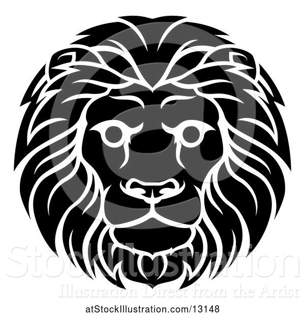 Vector Illustration of Cartoon Black and White Male Lion Leo Head