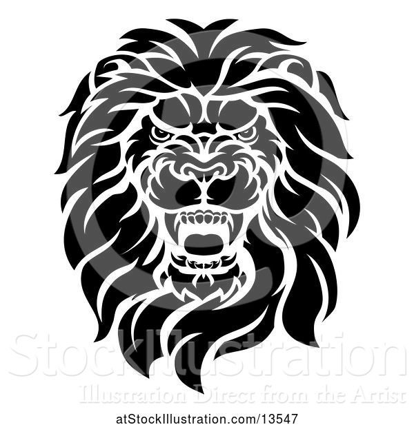 Vector Illustration of Cartoon Black and White Roaring Male Lion Head