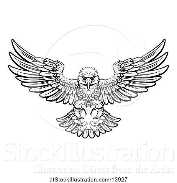 Vector Illustration of Cartoon Black and White Swooping American Bald Eagle with a Cricket Ball in His Talons