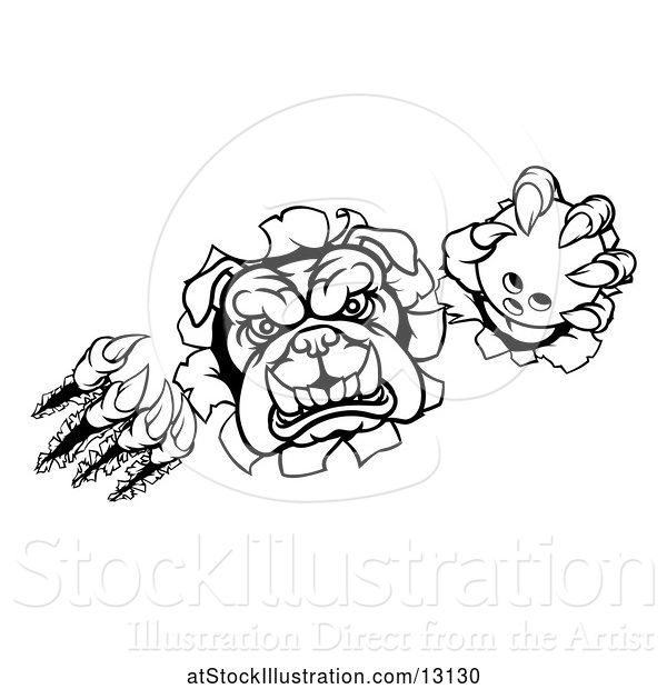 Vector Illustration of Cartoon Black and White Tough Bulldog Monster Sports Mascot Holding out a Bowling Ball in One Clawed Paw and Breaking Through a Wall