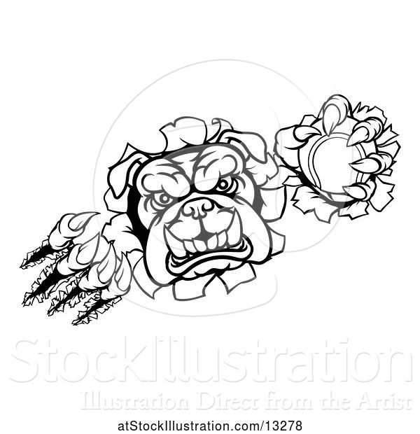 Vector Illustration of Cartoon Black and White Tough Bulldog Monster Sports Mascot Holding out a Tennis Ball in One Clawed Paw and Breaking Through a Wall