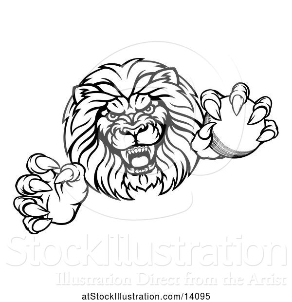 Vector Illustration of Cartoon Black and White Tough Clawed Male Lion Monster Mascot Holding a Cricket Ball