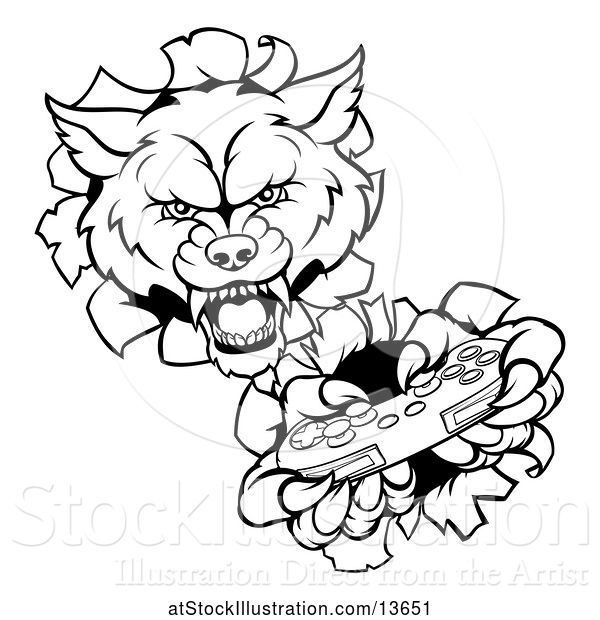 Vector Illustration of Cartoon Black and White Wolf Mascot Holding a Video Game Controller and Breaking Through a Wall