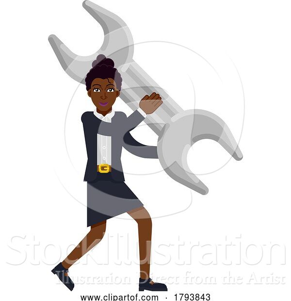 Vector Illustration of Cartoon Black Businesswoman and Spanner Wrench Concept