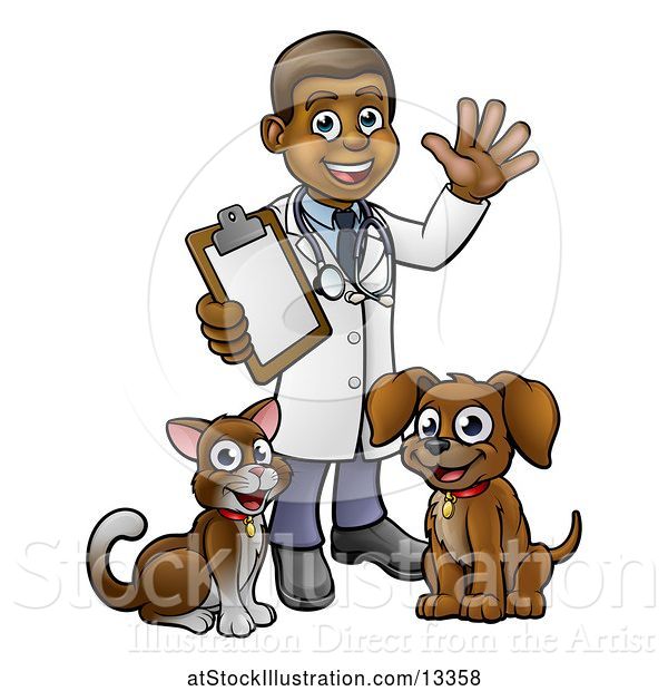 Vector Illustration of Cartoon Black Male Veterinarian Waving and Holding a Clipboard, Standing with a Dog and Cat