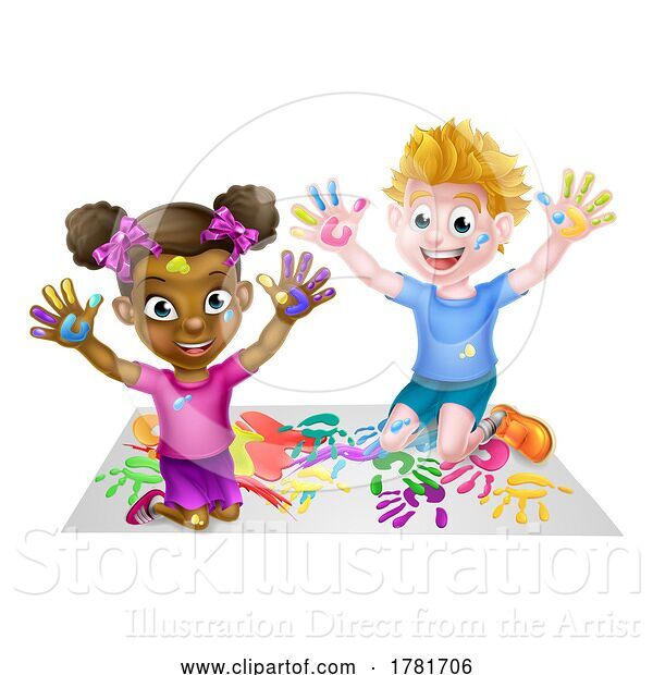 Vector Illustration of Cartoon Boy and Girl Fun Painting