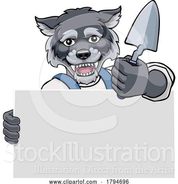 Vector Illustration of Cartoon Bricklayer Wolf Trowel Tool Handyman Mascot