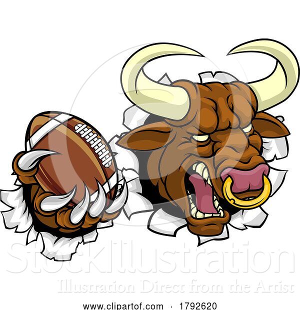 Vector Illustration of Cartoon Bull Minotaur Longhorn Cow Football Mascot Cartoon