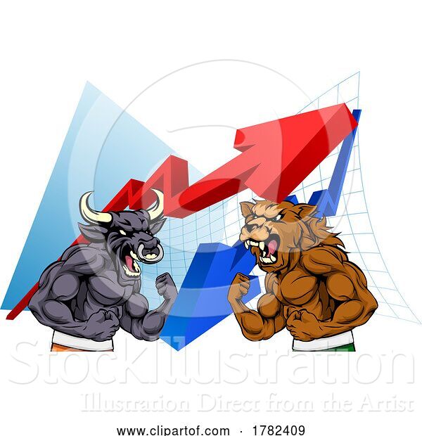 Vector Illustration of Cartoon Bull Vs Bear Fight Stock Market Trading Concept