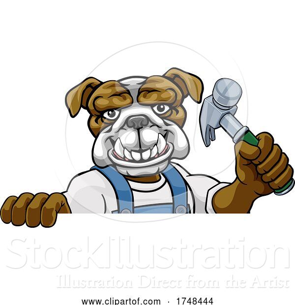 Vector Illustration of Cartoon Bulldog Carpenter Handyman Builder Holding Hammer