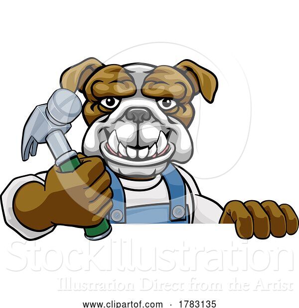 Vector Illustration of Cartoon Bulldog Carpenter Handyman Builder Holding Hammer