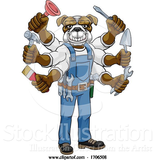 Vector Illustration of Cartoon Bulldog Multitasking Handyman Holding Tools